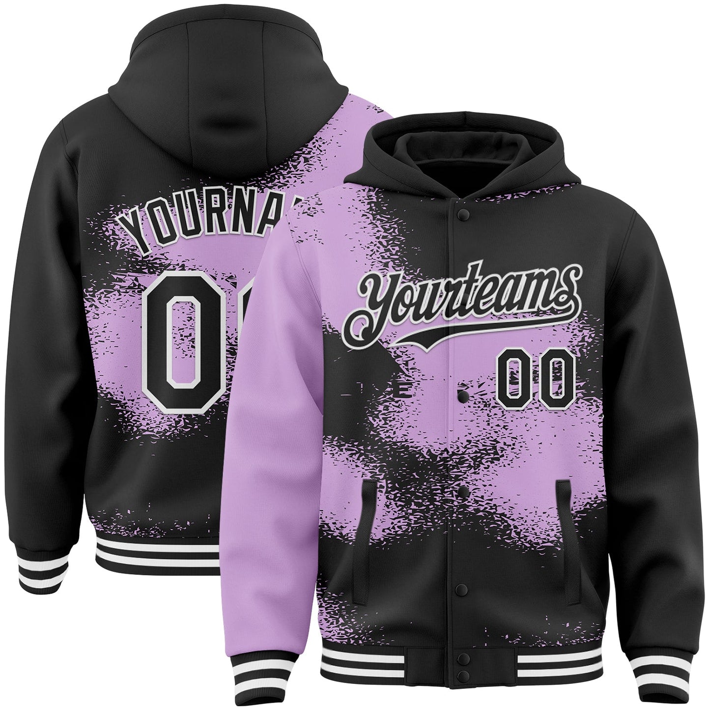 Custom Black Light Purple-White Abstract Color Blocks Fragment Pattern Bomber Full-Snap Varsity Letterman Hoodie Jacket - Main View
