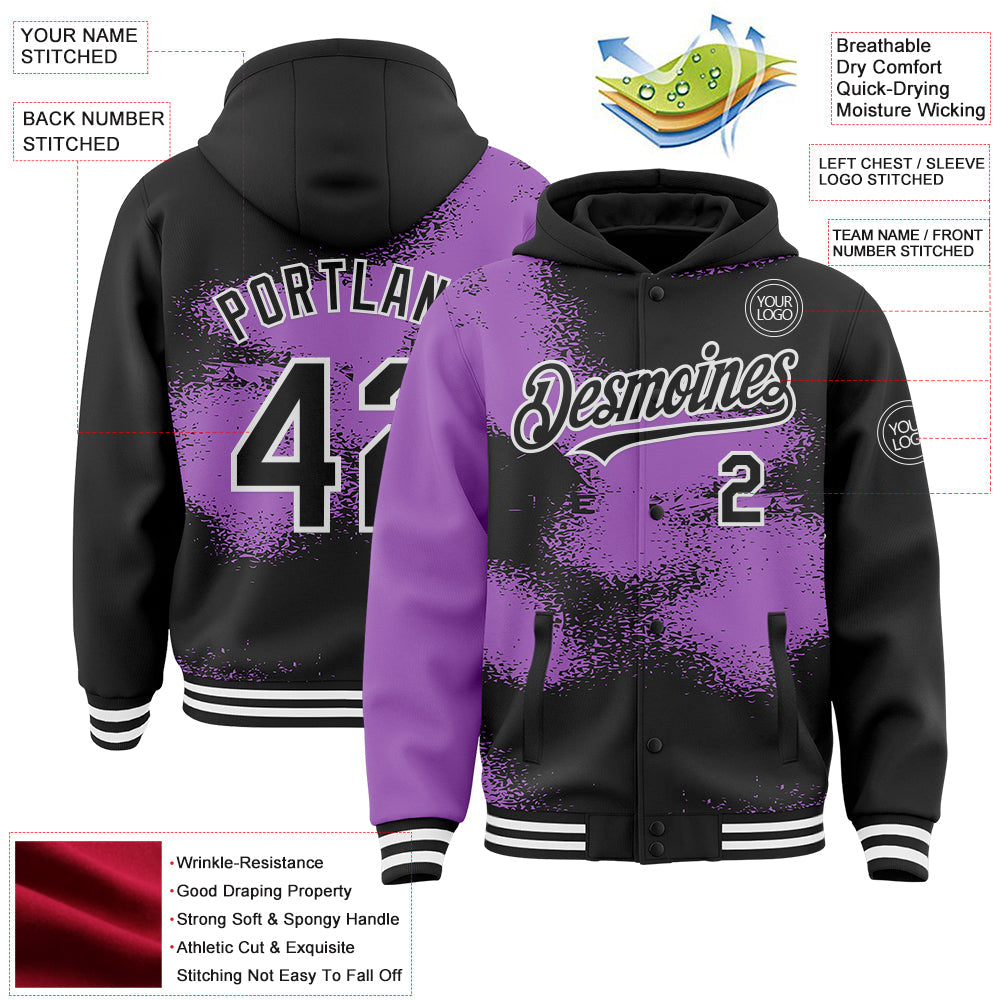 Custom Black Medium Purple-White Abstract Color Blocks Fragment Pattern Bomber Full-Snap Varsity Letterman Hoodie Jacket view 4