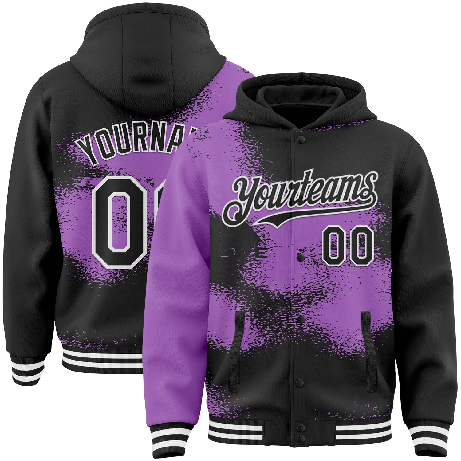 Custom Black Medium Purple-White Abstract Color Blocks Fragment Pattern Bomber Full-Snap Varsity Letterman Hoodie Jacket - Main View