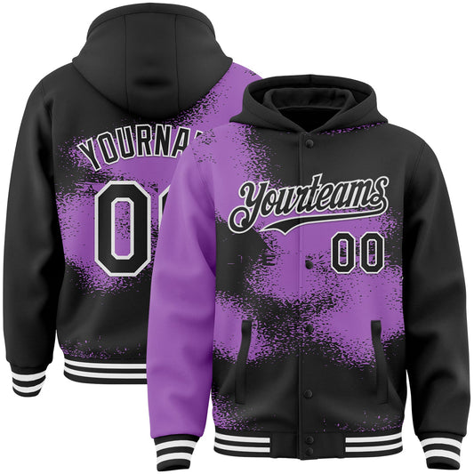 Custom Black Medium Purple-White Abstract Color Blocks Fragment Pattern Bomber Full-Snap Varsity Letterman Hoodie Jacket - Main View