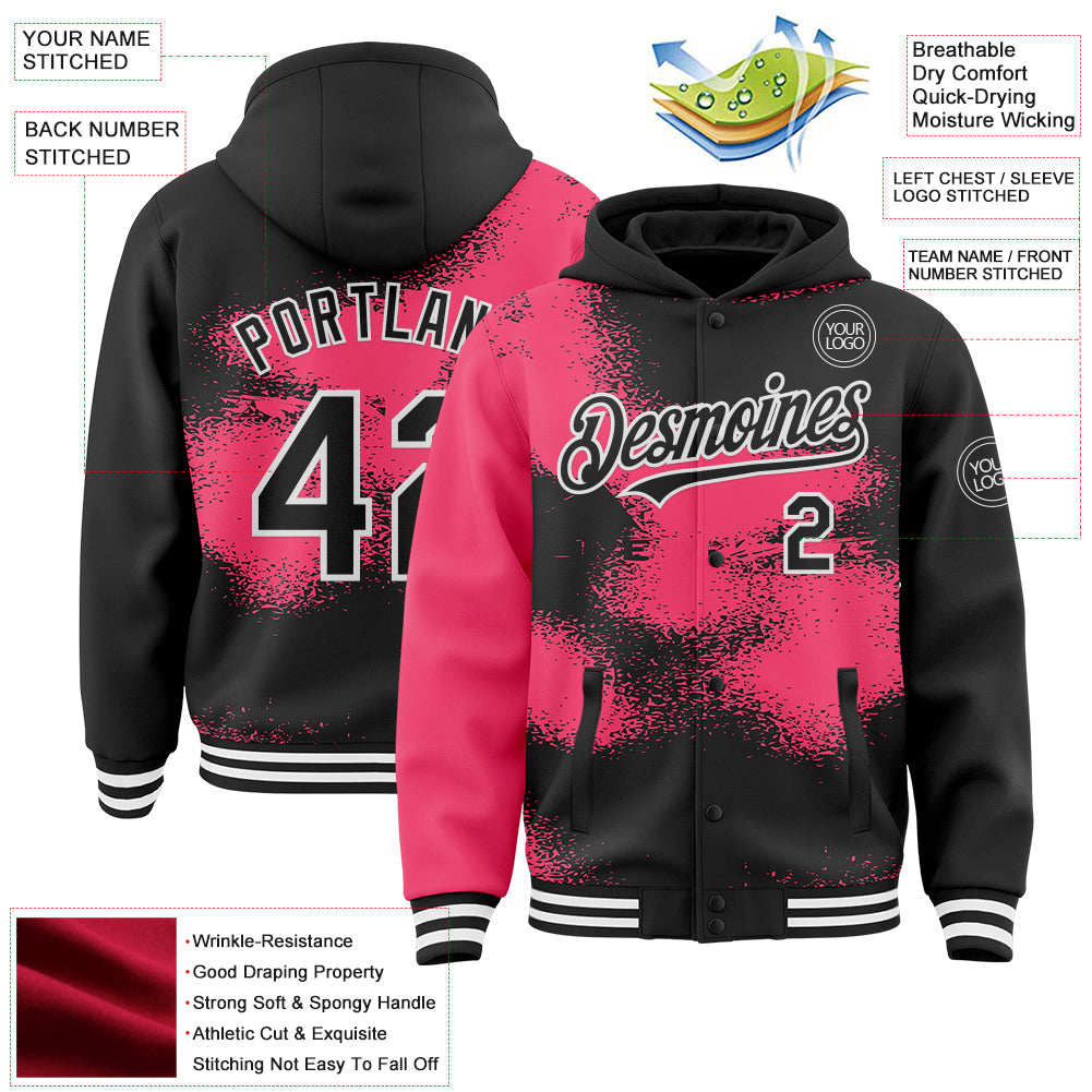 Custom Black Neon Pink-White Abstract Color Blocks Fragment Pattern Bomber Full-Snap Varsity Letterman Hoodie Jacket view 4