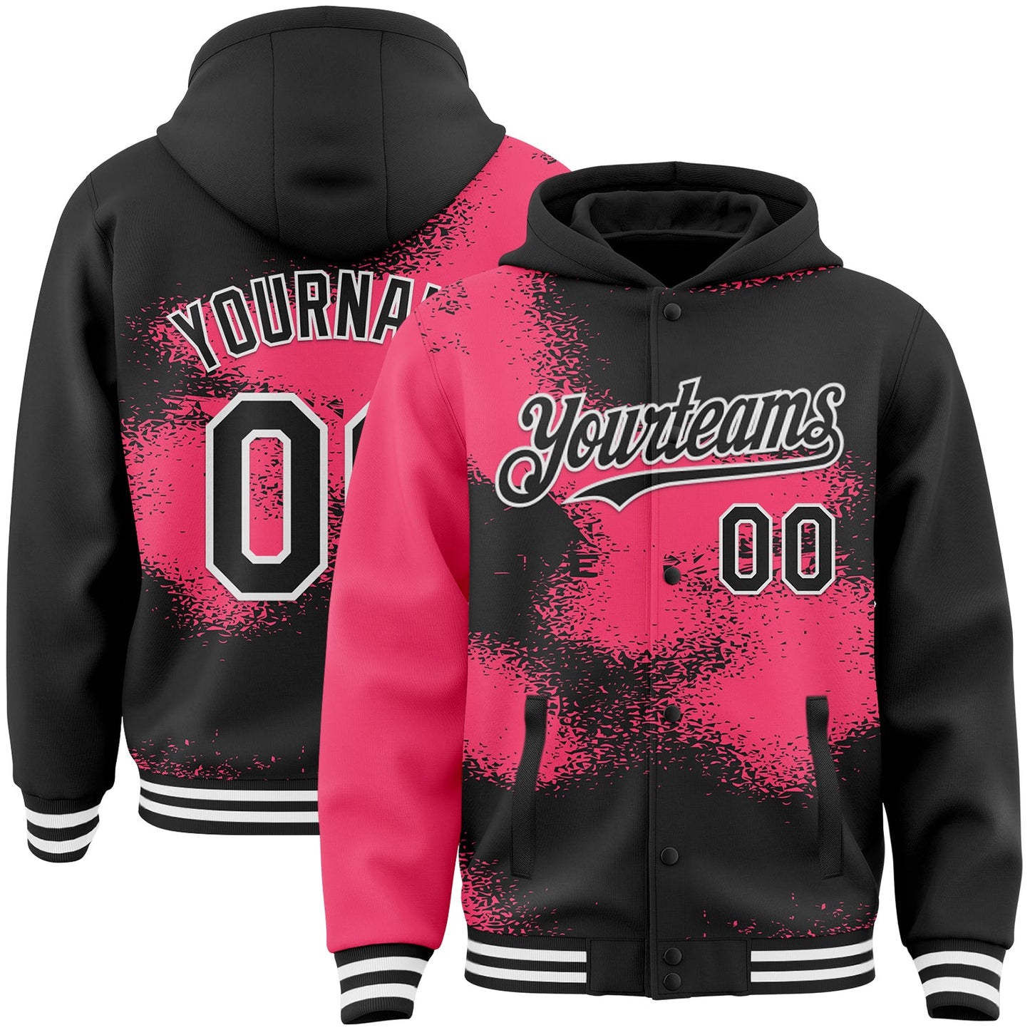 Custom Black Neon Pink-White Abstract Color Blocks Fragment Pattern Bomber Full-Snap Varsity Letterman Hoodie Jacket - Main View