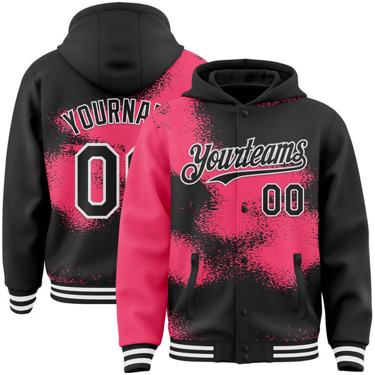 Custom Black Neon Pink-White Abstract Color Blocks Fragment Pattern Bomber Full-Snap Varsity Letterman Hoodie Jacket - Main View