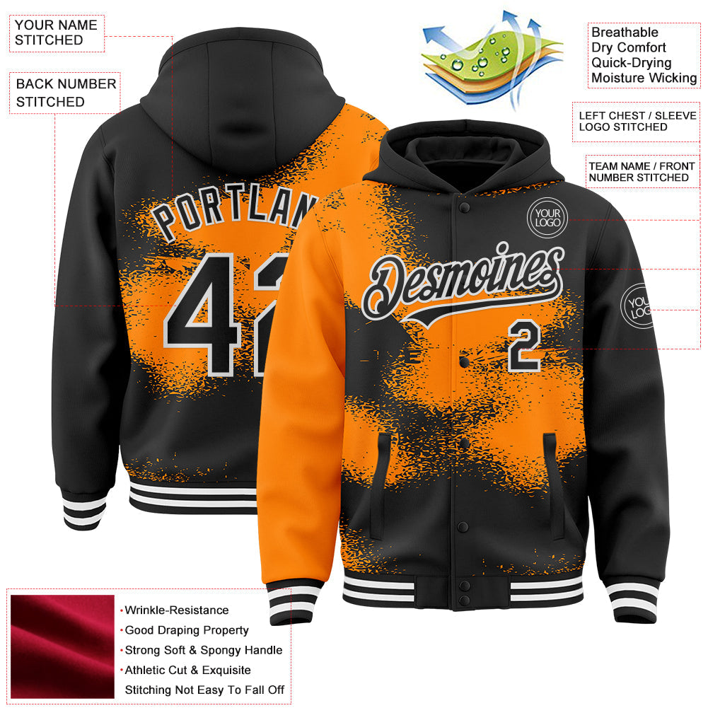 Custom Black Bay Orange-White Abstract Color Blocks Fragment Pattern Bomber Full-Snap Varsity Letterman Hoodie Jacket view 4