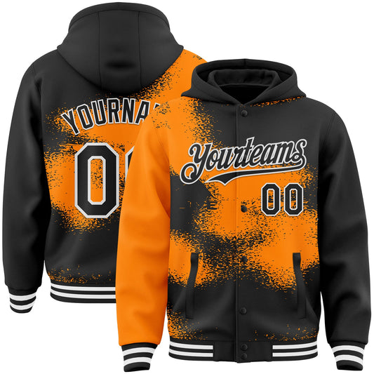 Custom Black Bay Orange-White Abstract Color Blocks Fragment Pattern Bomber Full-Snap Varsity Letterman Hoodie Jacket - Main View