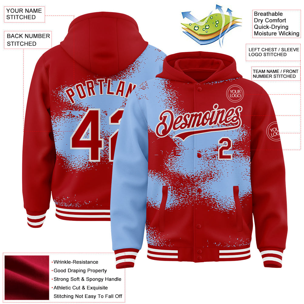 Custom Black Light Blue-White Abstract Color Blocks Fragment Pattern Bomber Full-Snap Varsity Letterman Hoodie Jacket view 4