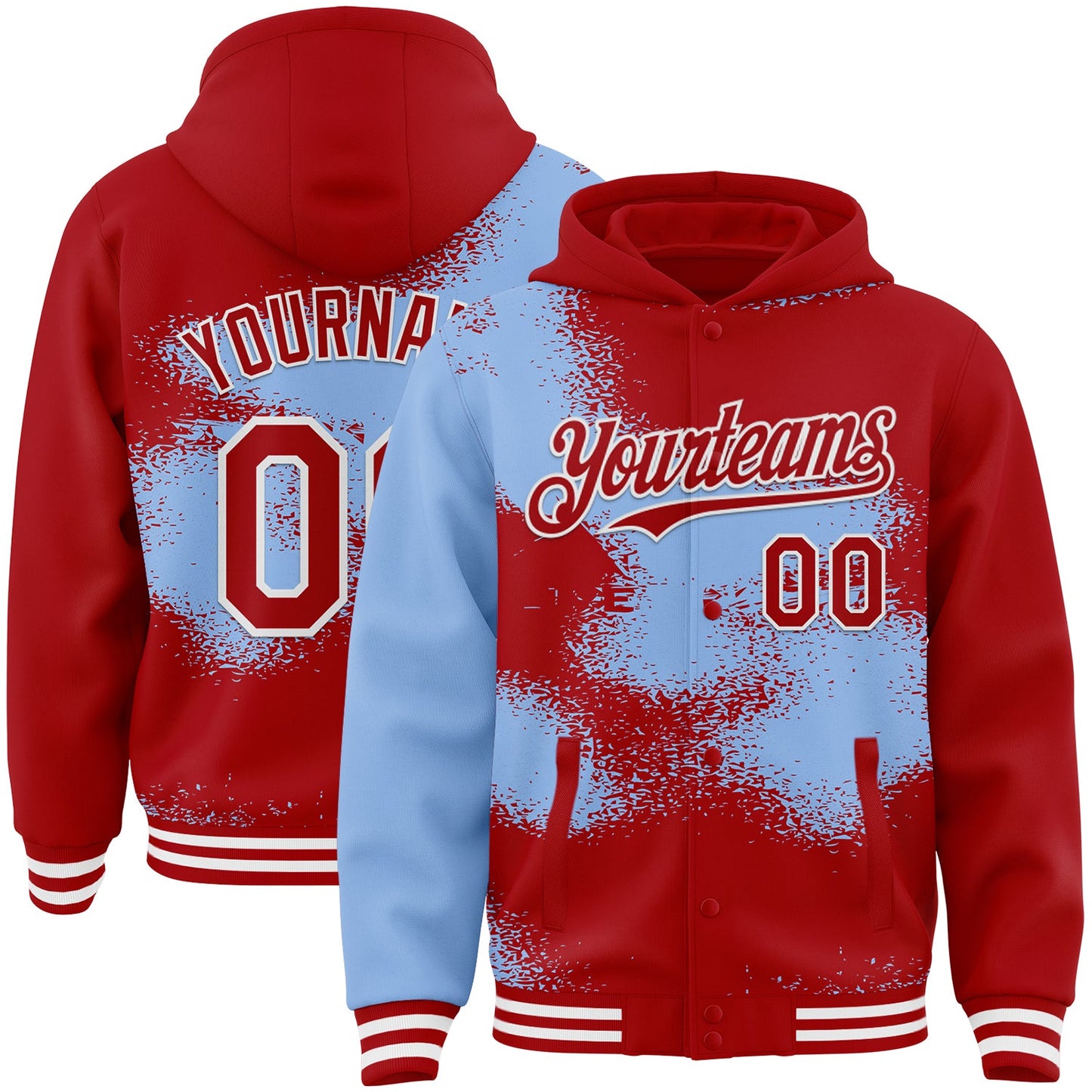 Custom Black Light Blue-White Abstract Color Blocks Fragment Pattern Bomber Full-Snap Varsity Letterman Hoodie Jacket - Main View