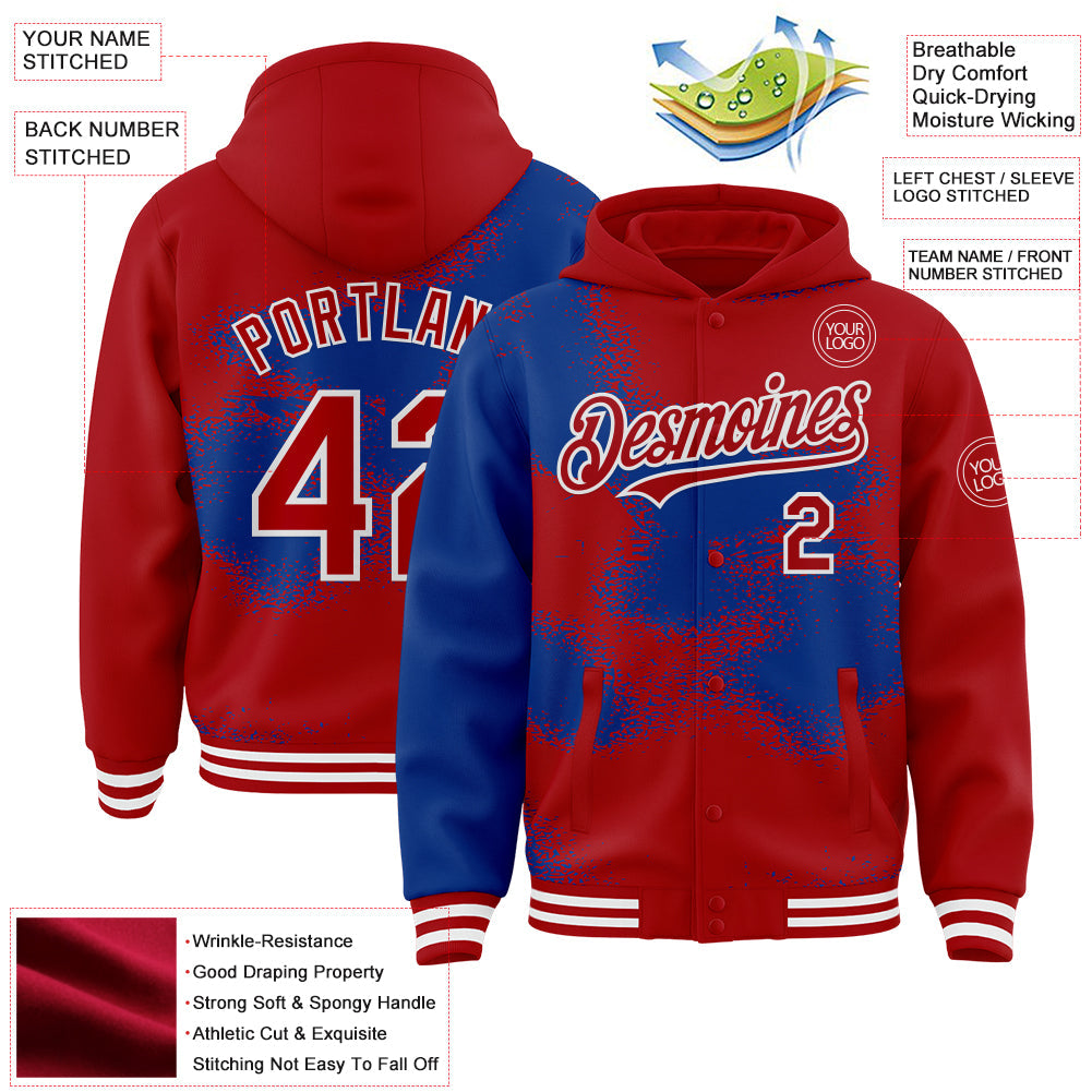 Custom Black Royal-White Abstract Color Blocks Fragment Pattern Bomber Full-Snap Varsity Letterman Hoodie Jacket view 4