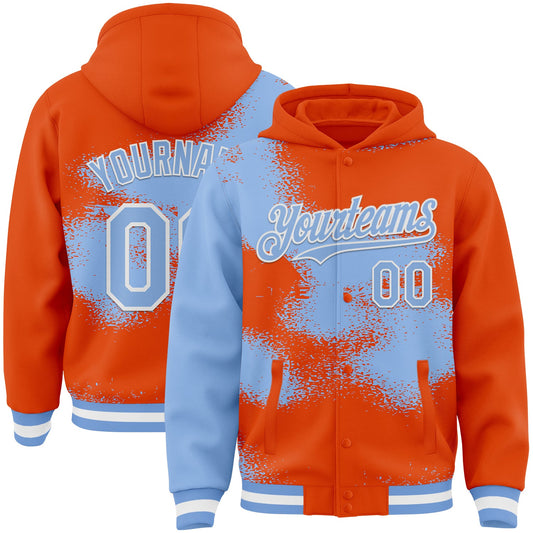 Custom Orange Light Blue-White Abstract Color Blocks Fragment Pattern Bomber Full-Snap Varsity Letterman Hoodie Jacket - Main View