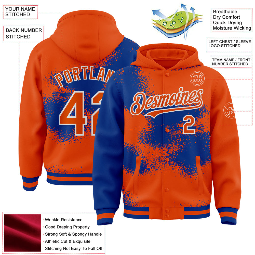 Custom Orange Royal-White Abstract Color Blocks Fragment Pattern Bomber Full-Snap Varsity Letterman Hoodie Jacket view 4