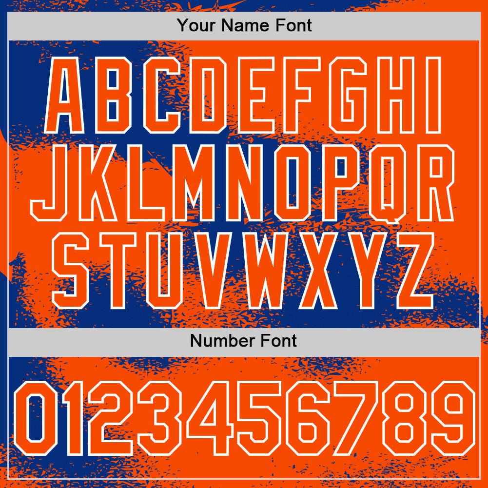 Custom Orange Royal-White Abstract Color Blocks Fragment Pattern Bomber Full-Snap Varsity Letterman Hoodie Jacket view 6