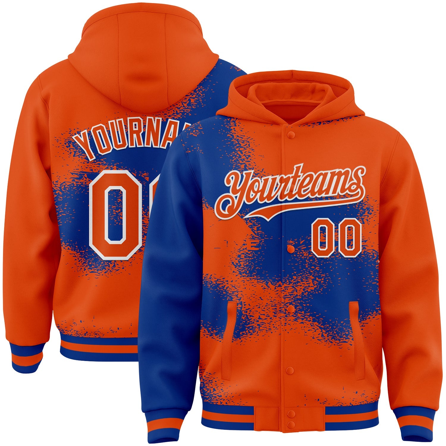 Custom Orange Royal-White Abstract Color Blocks Fragment Pattern Bomber Full-Snap Varsity Letterman Hoodie Jacket - Main View