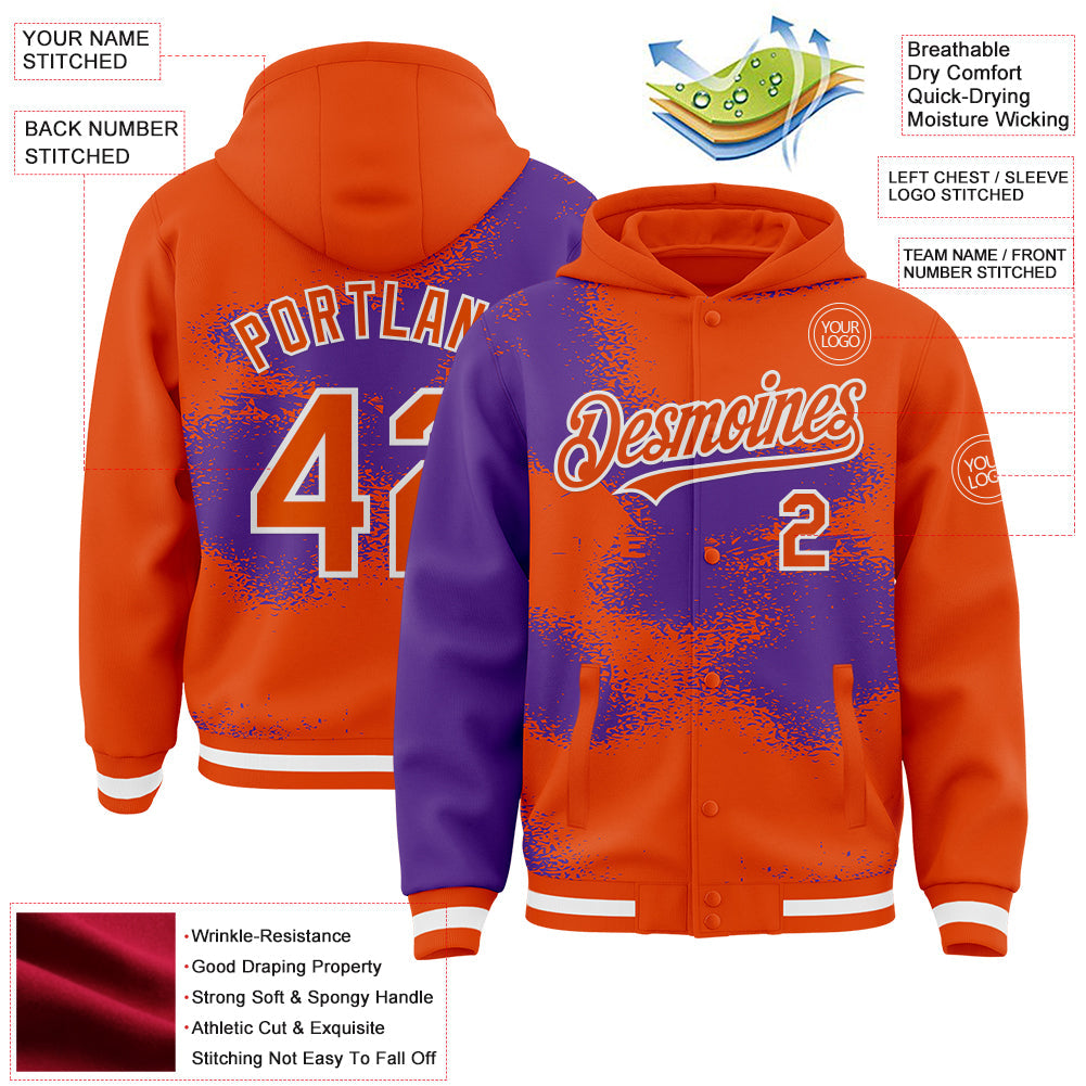 Custom Orange Purple-White Abstract Color Blocks Fragment Pattern Bomber Full-Snap Varsity Letterman Hoodie Jacket view 4