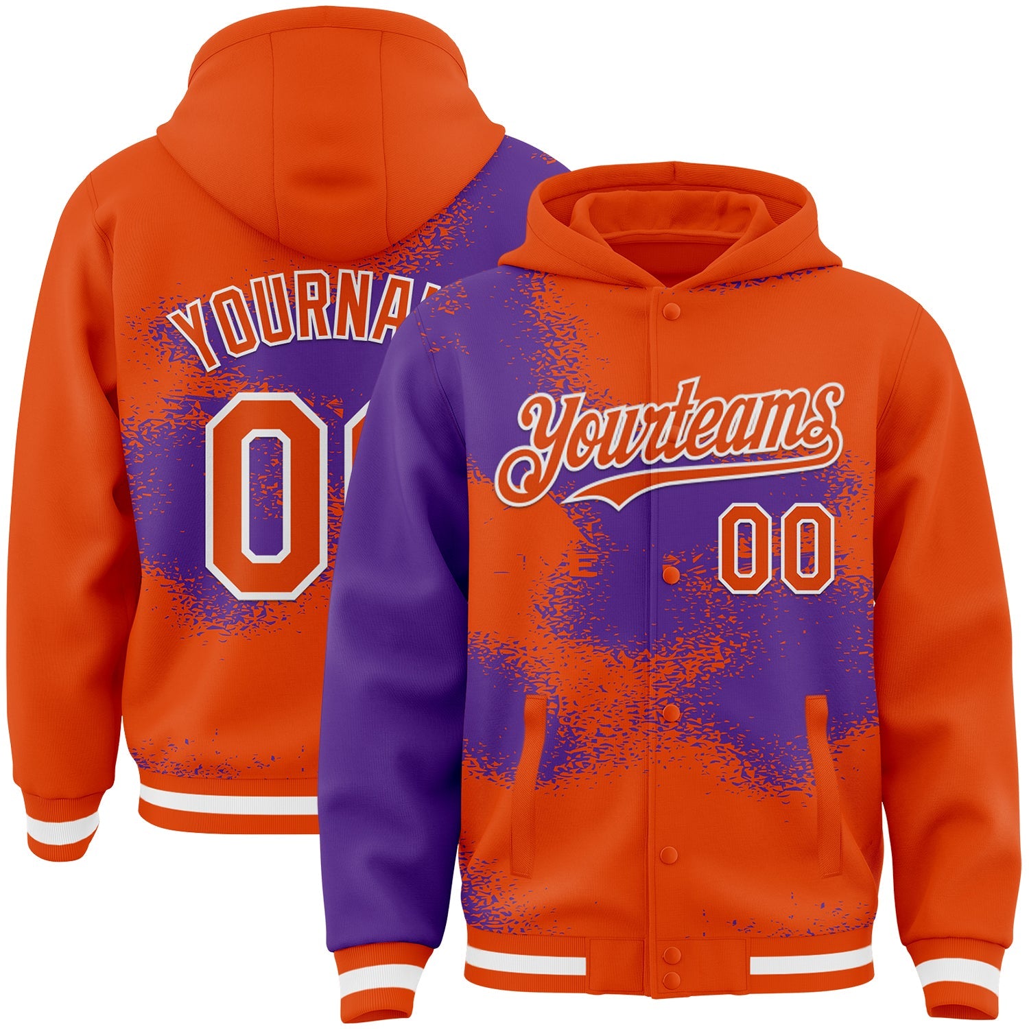 Custom Orange Purple-White Abstract Color Blocks Fragment Pattern Bomber Full-Snap Varsity Letterman Hoodie Jacket - Main View