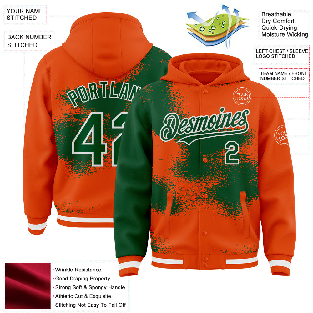 Custom Orange Green-White Abstract Color Blocks Fragment Pattern Bomber Full-Snap Varsity Letterman Hoodie Jacket view 4