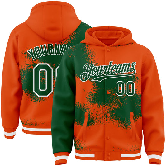 Custom Orange Green-White Abstract Color Blocks Fragment Pattern Bomber Full-Snap Varsity Letterman Hoodie Jacket - Main View