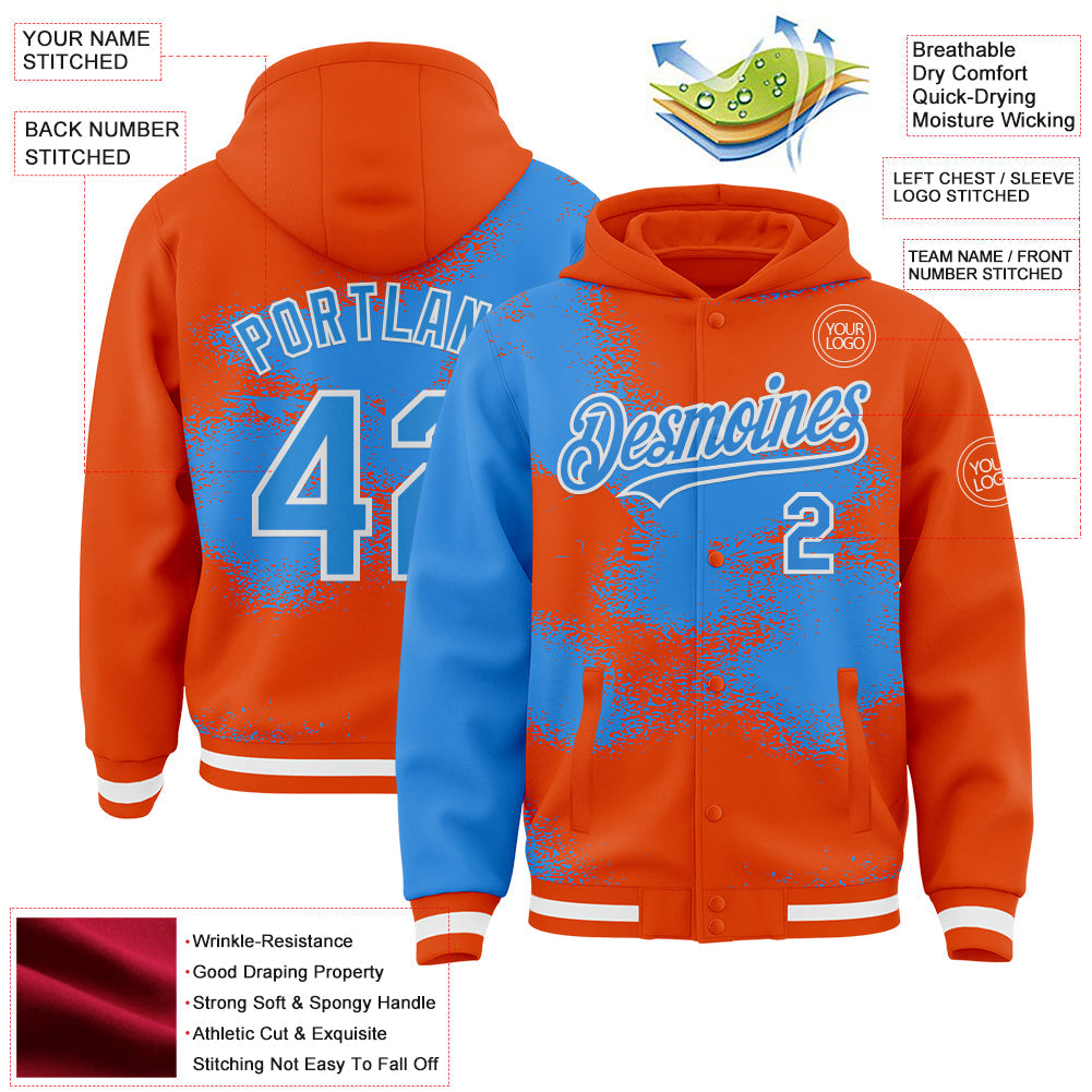 Custom Orange Powder Blue-White Abstract Color Blocks Fragment Pattern Bomber Full-Snap Varsity Letterman Hoodie Jacket view 4