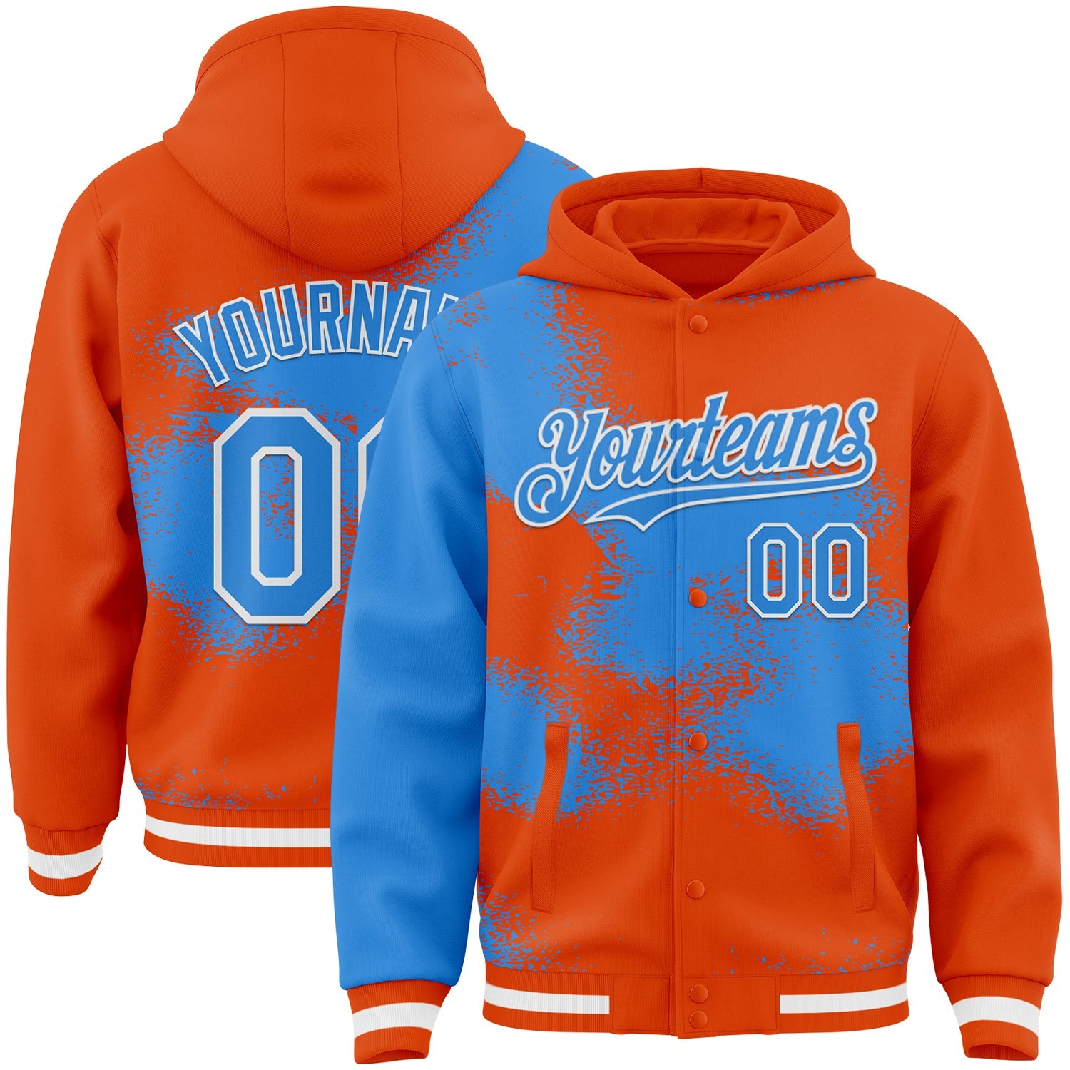 Custom Orange Powder Blue-White Abstract Color Blocks Fragment Pattern Bomber Full-Snap Varsity Letterman Hoodie Jacket - Main View