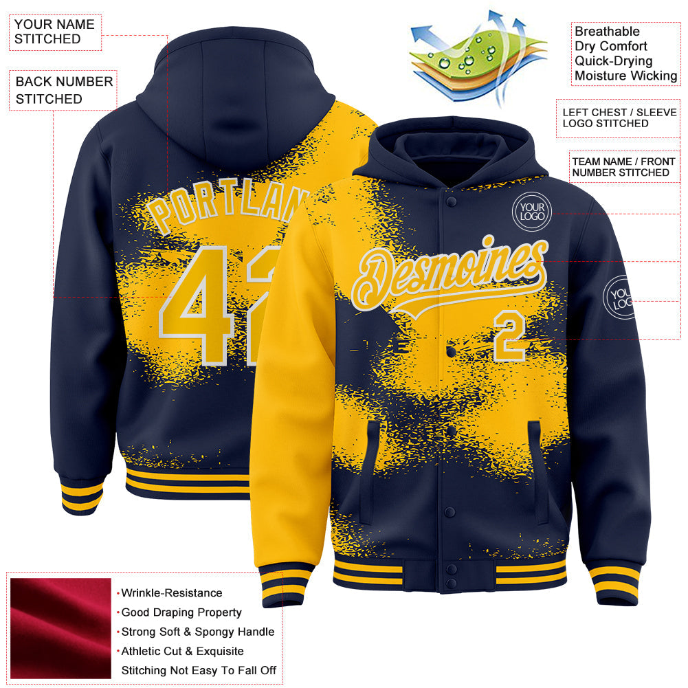 Custom Navy Gold-White Abstract Color Blocks Fragment Pattern Bomber Full-Snap Varsity Letterman Hoodie Jacket view 4