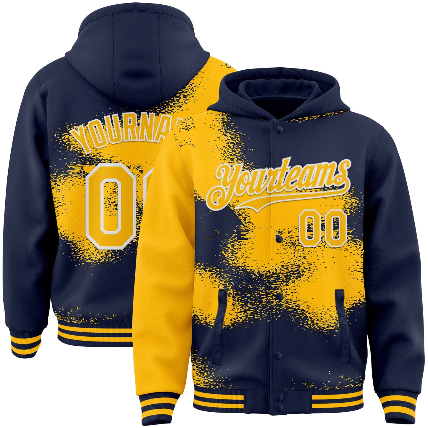 Custom Navy Gold-White Abstract Color Blocks Fragment Pattern Bomber Full-Snap Varsity Letterman Hoodie Jacket - Main View
