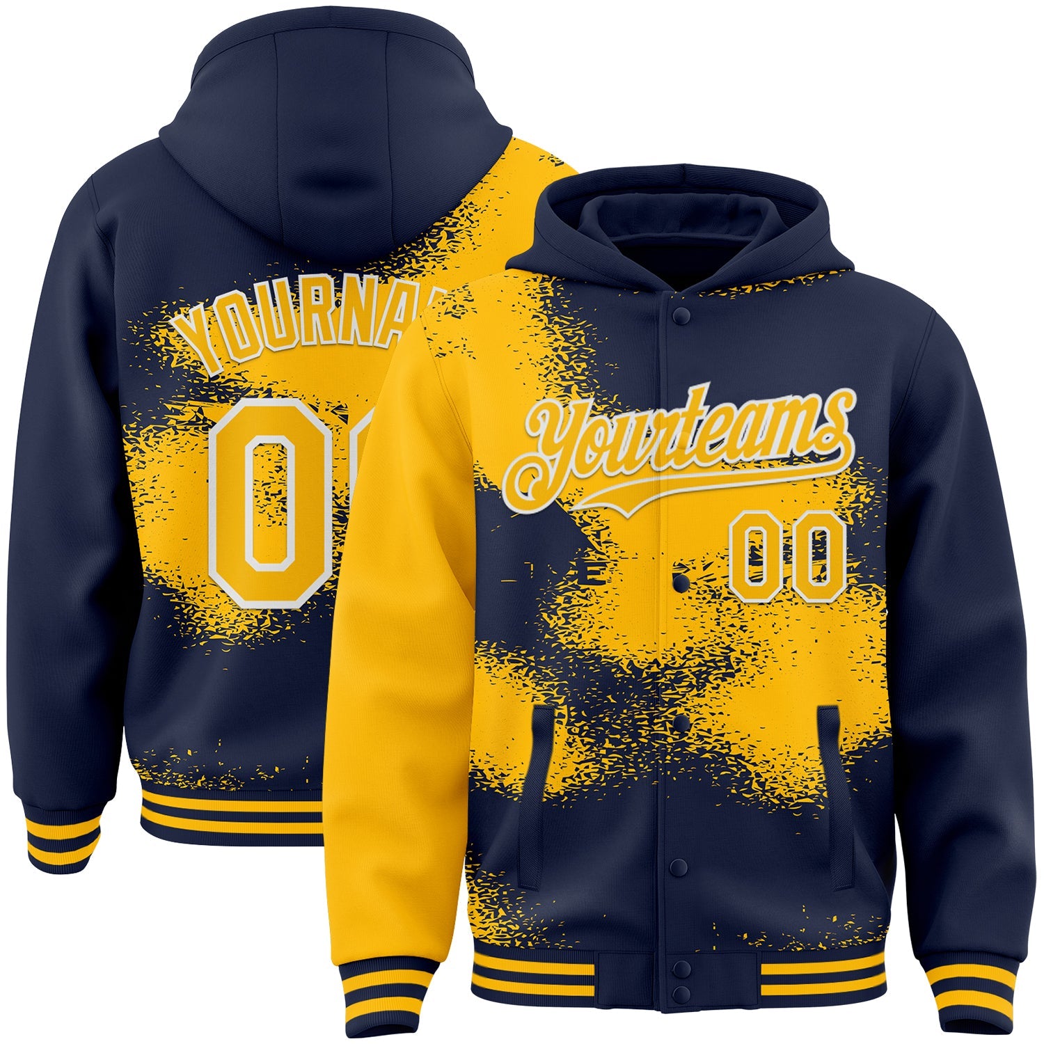 Custom Navy Gold-White Abstract Color Blocks Fragment Pattern Bomber Full-Snap Varsity Letterman Hoodie Jacket - Main View