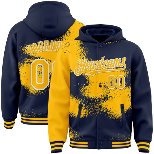 Custom Navy Gold-White Abstract Color Blocks Fragment Pattern Bomber Full-Snap Varsity Letterman Hoodie Jacket - Main View