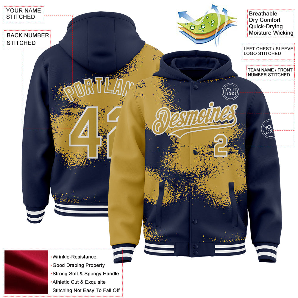 Custom Navy Old Gold-White Abstract Color Blocks Fragment Pattern Bomber Full-Snap Varsity Letterman Hoodie Jacket view 4