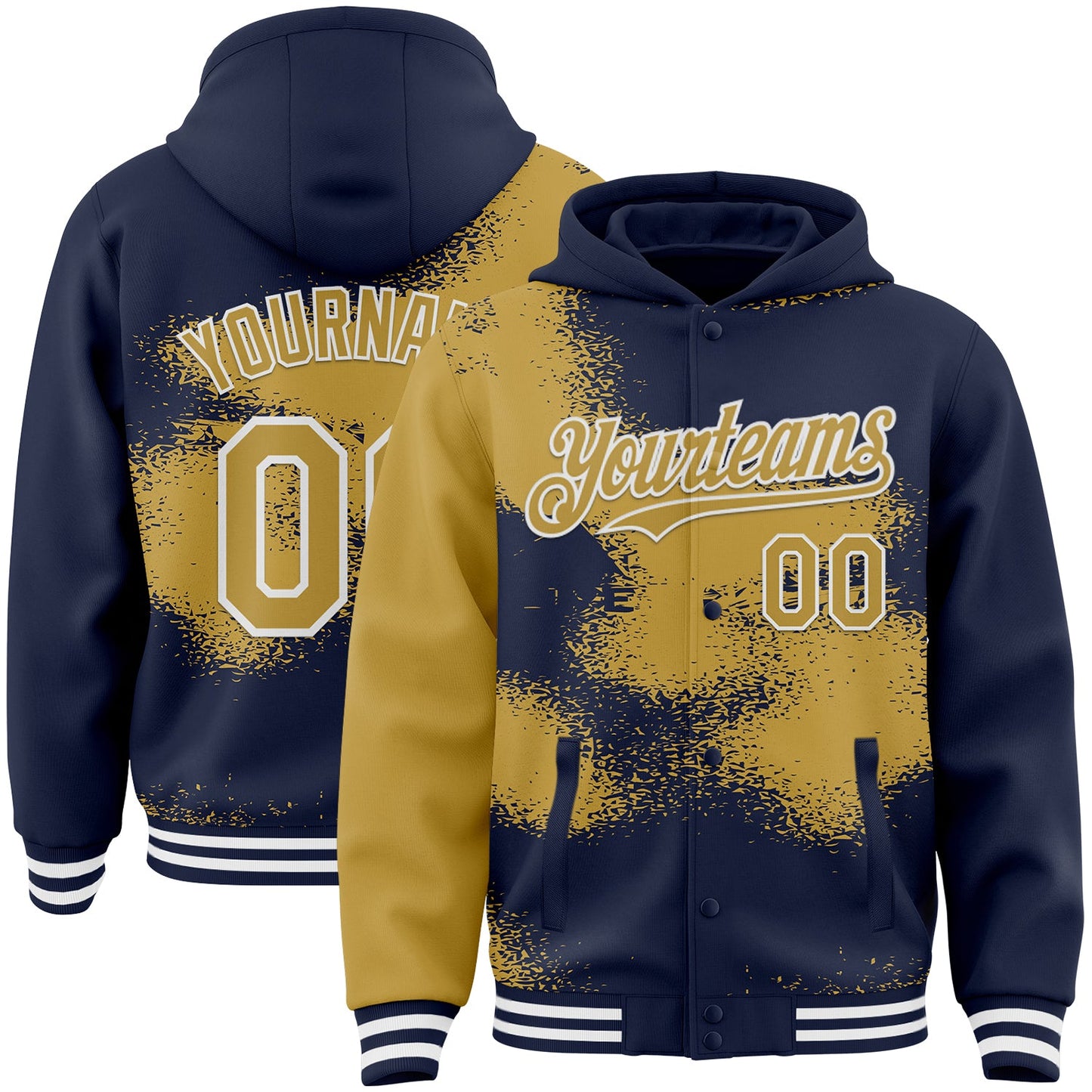 Custom Navy Old Gold-White Abstract Color Blocks Fragment Pattern Bomber Full-Snap Varsity Letterman Hoodie Jacket - Main View