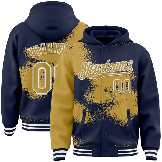 Custom Navy Old Gold-White Abstract Color Blocks Fragment Pattern Bomber Full-Snap Varsity Letterman Hoodie Jacket - Main View
