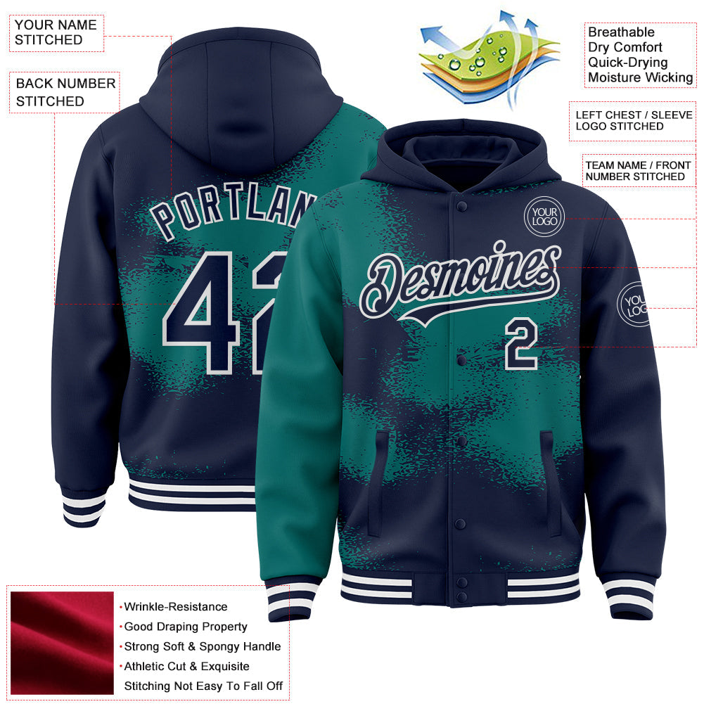 Custom Navy Teal-White Abstract Color Blocks Fragment Pattern Bomber Full-Snap Varsity Letterman Hoodie Jacket view 4