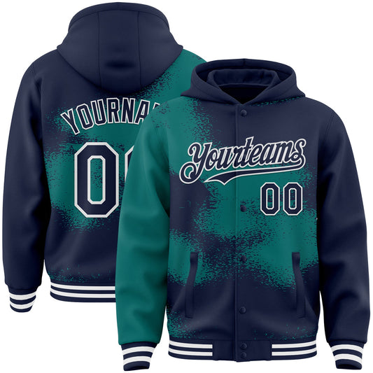 Custom Navy Teal-White Abstract Color Blocks Fragment Pattern Bomber Full-Snap Varsity Letterman Hoodie Jacket - Main View
