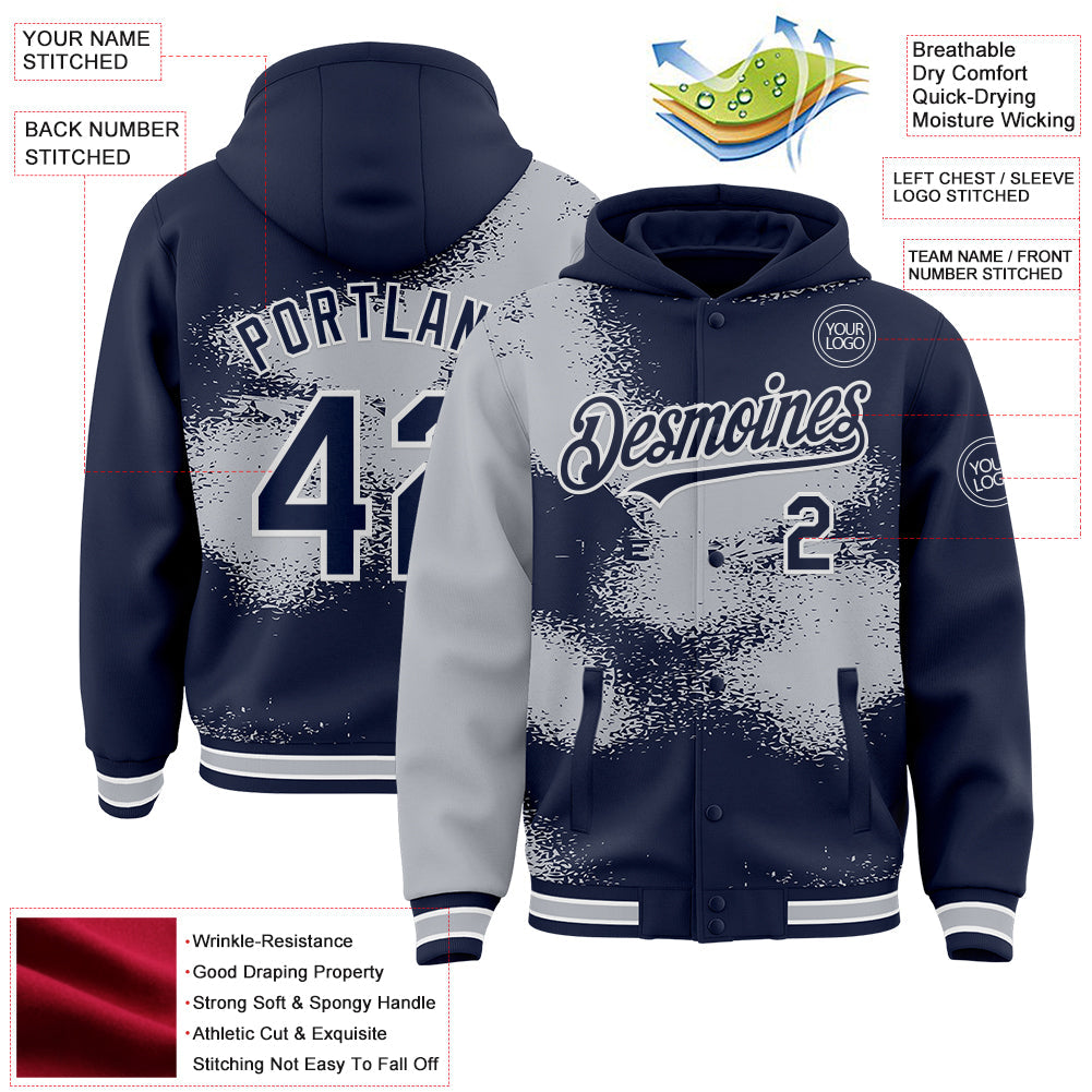 Custom Navy Gray-White Abstract Color Blocks Fragment Pattern Bomber Full-Snap Varsity Letterman Hoodie Jacket view 4