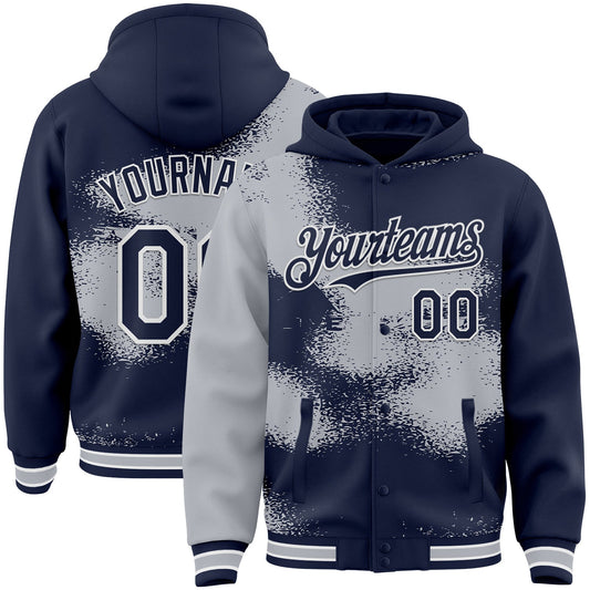 Custom Navy Gray-White Abstract Color Blocks Fragment Pattern Bomber Full-Snap Varsity Letterman Hoodie Jacket - Main View