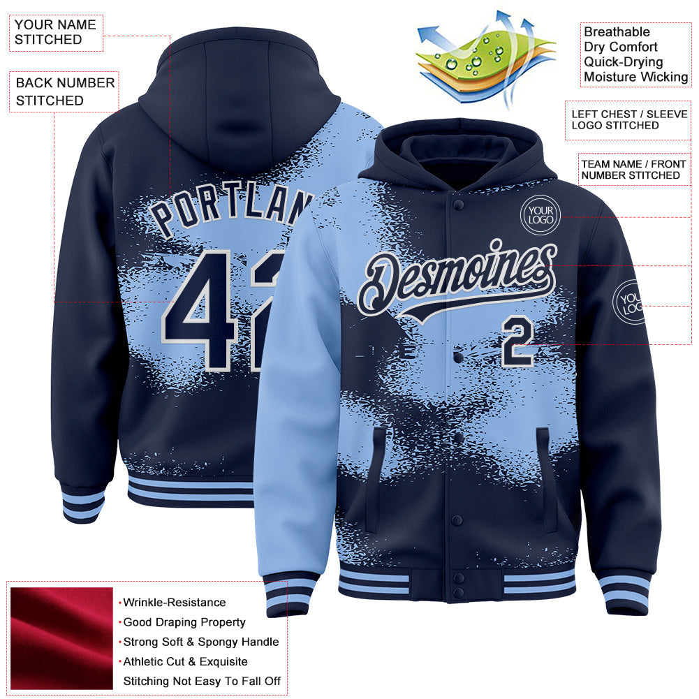Custom Navy Light Blue-White Abstract Color Blocks Fragment Pattern Bomber Full-Snap Varsity Letterman Hoodie Jacket view 4