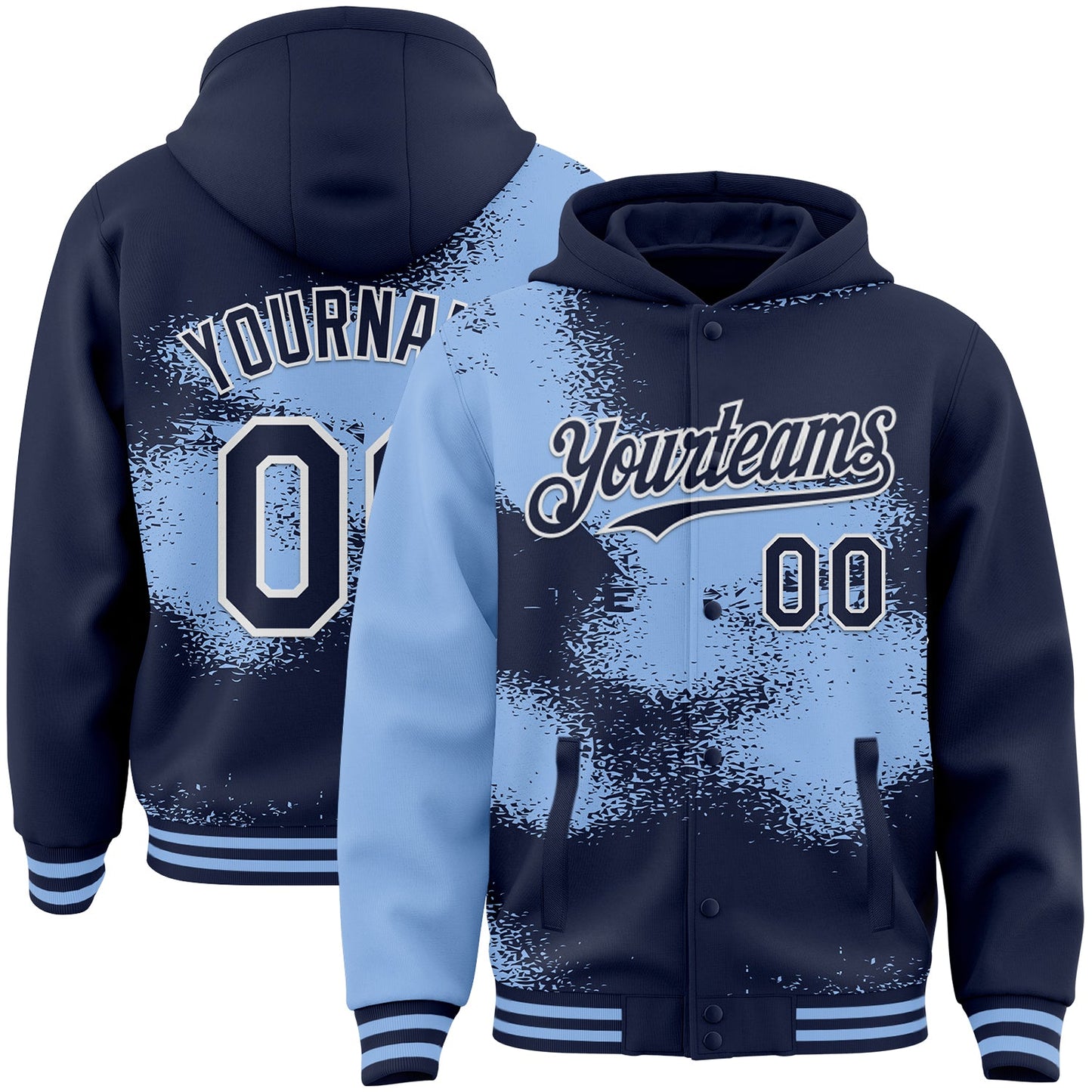 Custom Navy Light Blue-White Abstract Color Blocks Fragment Pattern Bomber Full-Snap Varsity Letterman Hoodie Jacket - Main View
