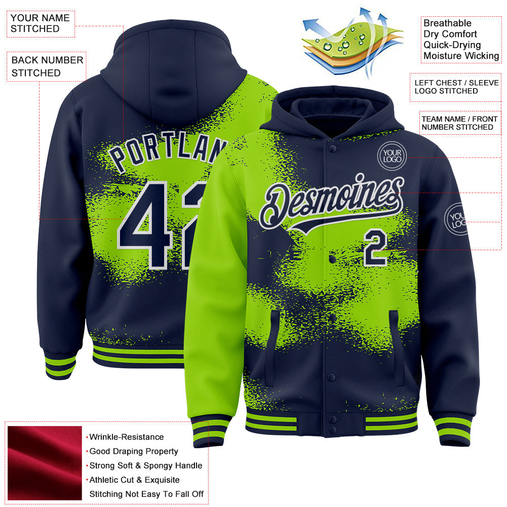 Custom Navy Neon Green-White Abstract Color Blocks Fragment Pattern Bomber Full-Snap Varsity Letterman Hoodie Jacket view 4