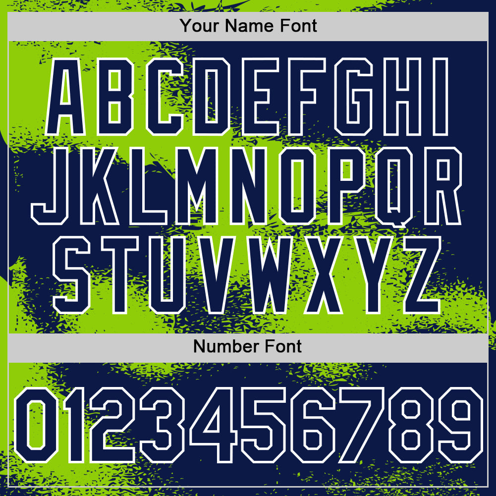 Custom Navy Neon Green-White Abstract Color Blocks Fragment Pattern Bomber Full-Snap Varsity Letterman Hoodie Jacket view 6