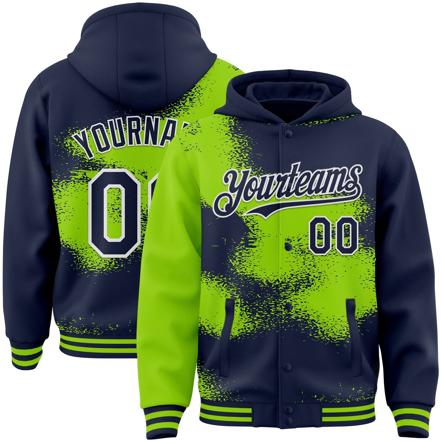 Custom Navy Neon Green-White Abstract Color Blocks Fragment Pattern Bomber Full-Snap Varsity Letterman Hoodie Jacket - Main View