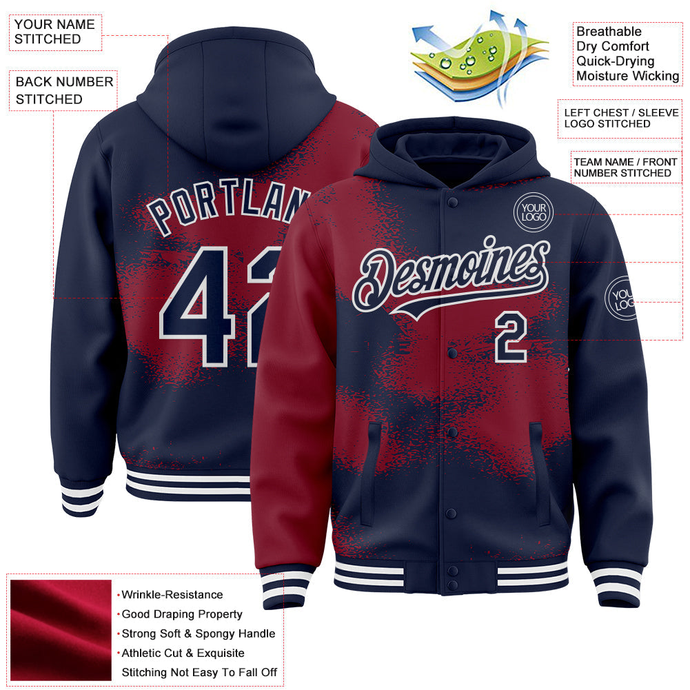 Custom Navy Crimson-White Abstract Color Blocks Fragment Pattern Bomber Full-Snap Varsity Letterman Hoodie Jacket view 4