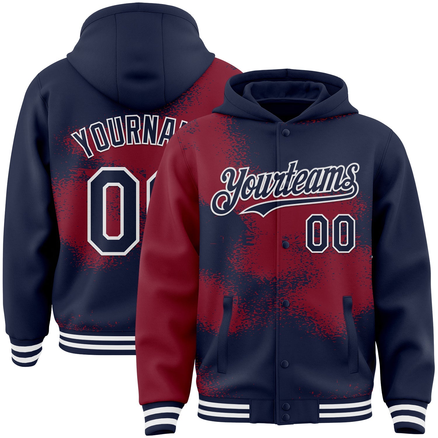 Custom Navy Crimson-White Abstract Color Blocks Fragment Pattern Bomber Full-Snap Varsity Letterman Hoodie Jacket - Main View