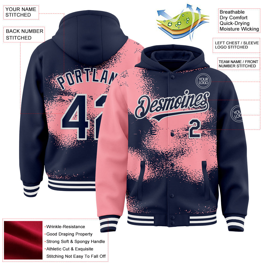 Custom Navy Medium Pink-White Abstract Color Blocks Fragment Pattern Bomber Full-Snap Varsity Letterman Hoodie Jacket view 4