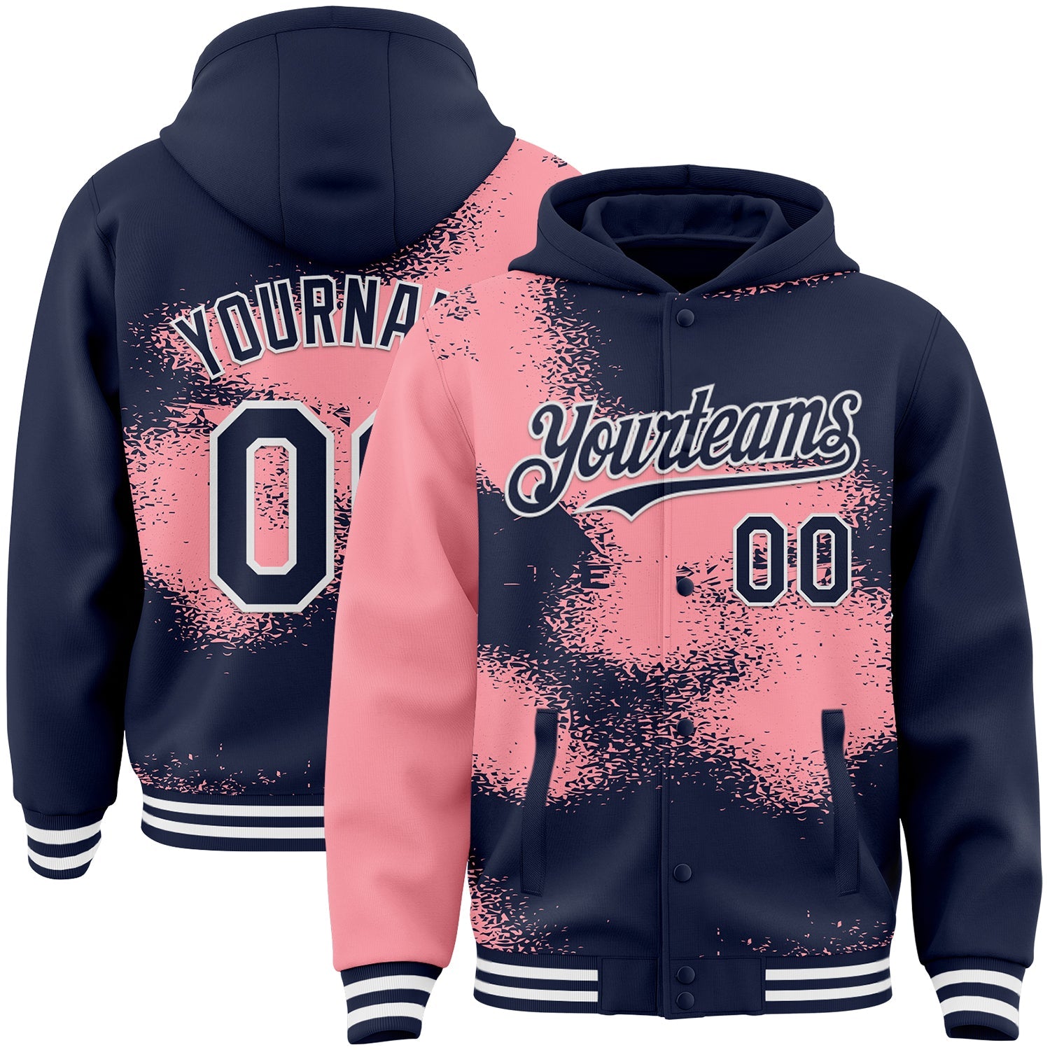Custom Navy Medium Pink-White Abstract Color Blocks Fragment Pattern Bomber Full-Snap Varsity Letterman Hoodie Jacket - Main View
