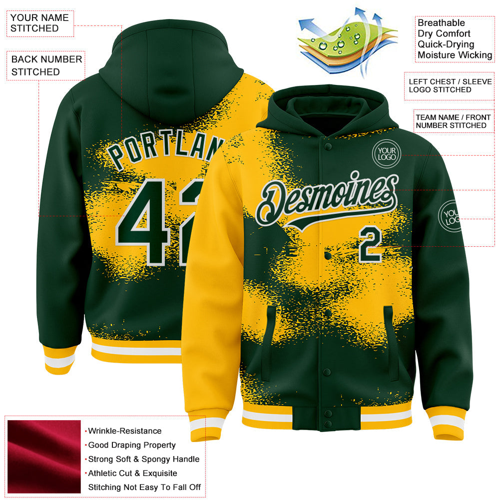 Custom Green Gold-White Abstract Color Blocks Fragment Pattern Bomber Full-Snap Varsity Letterman Hoodie Jacket view 4