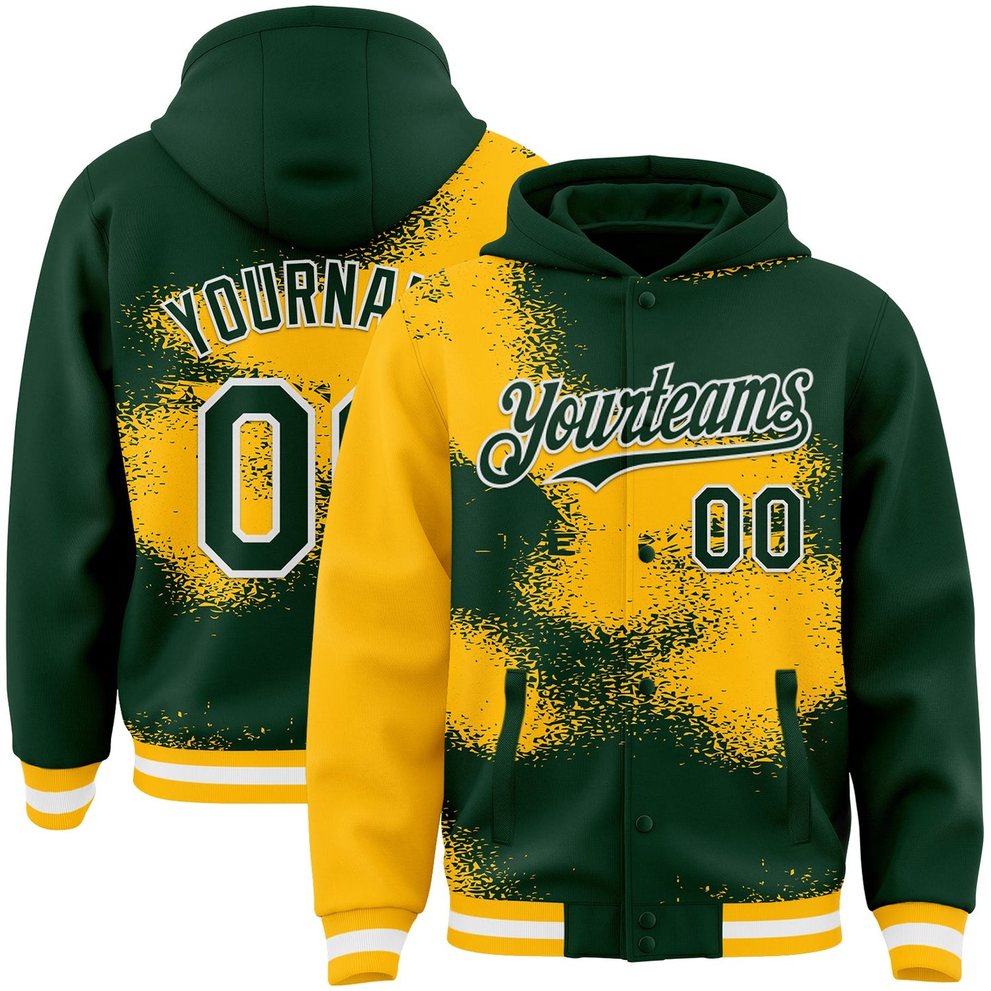 Custom Green Gold-White Abstract Color Blocks Fragment Pattern Bomber Full-Snap Varsity Letterman Hoodie Jacket - Main View