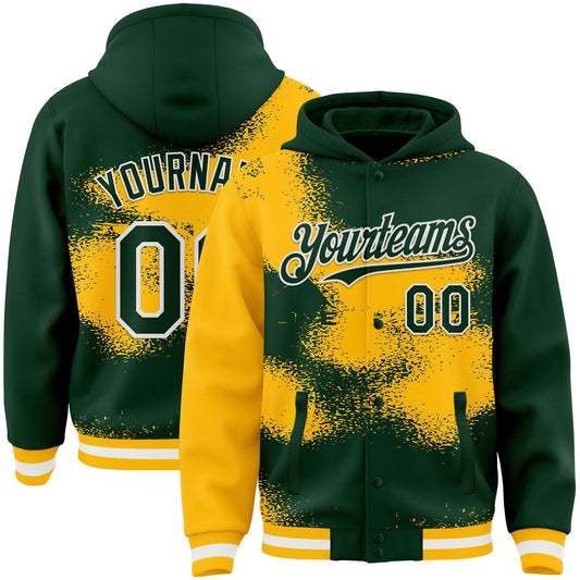 Custom Green Gold-White Abstract Color Blocks Fragment Pattern Bomber Full-Snap Varsity Letterman Hoodie Jacket - Main View