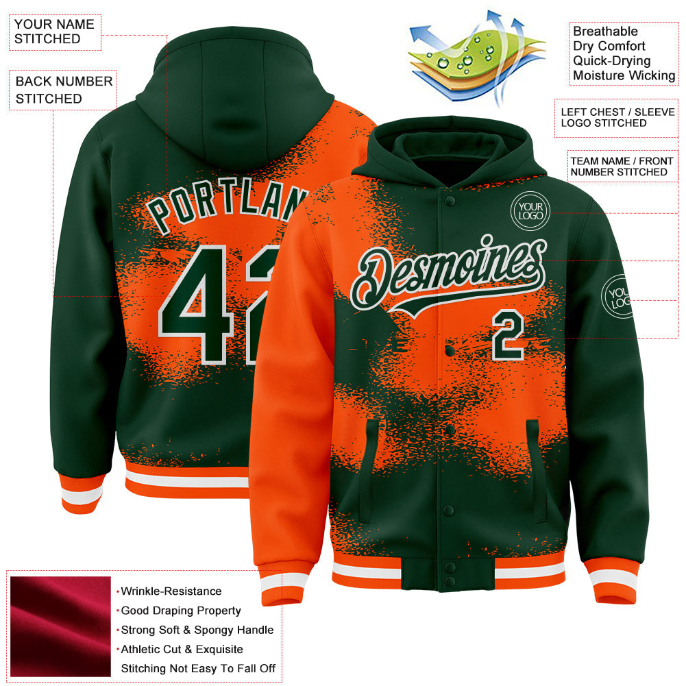 Custom Green Orange-White Abstract Color Blocks Fragment Pattern Bomber Full-Snap Varsity Letterman Hoodie Jacket view 4
