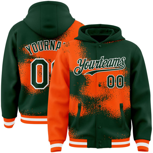 Custom Green Orange-White Abstract Color Blocks Fragment Pattern Bomber Full-Snap Varsity Letterman Hoodie Jacket - Main View