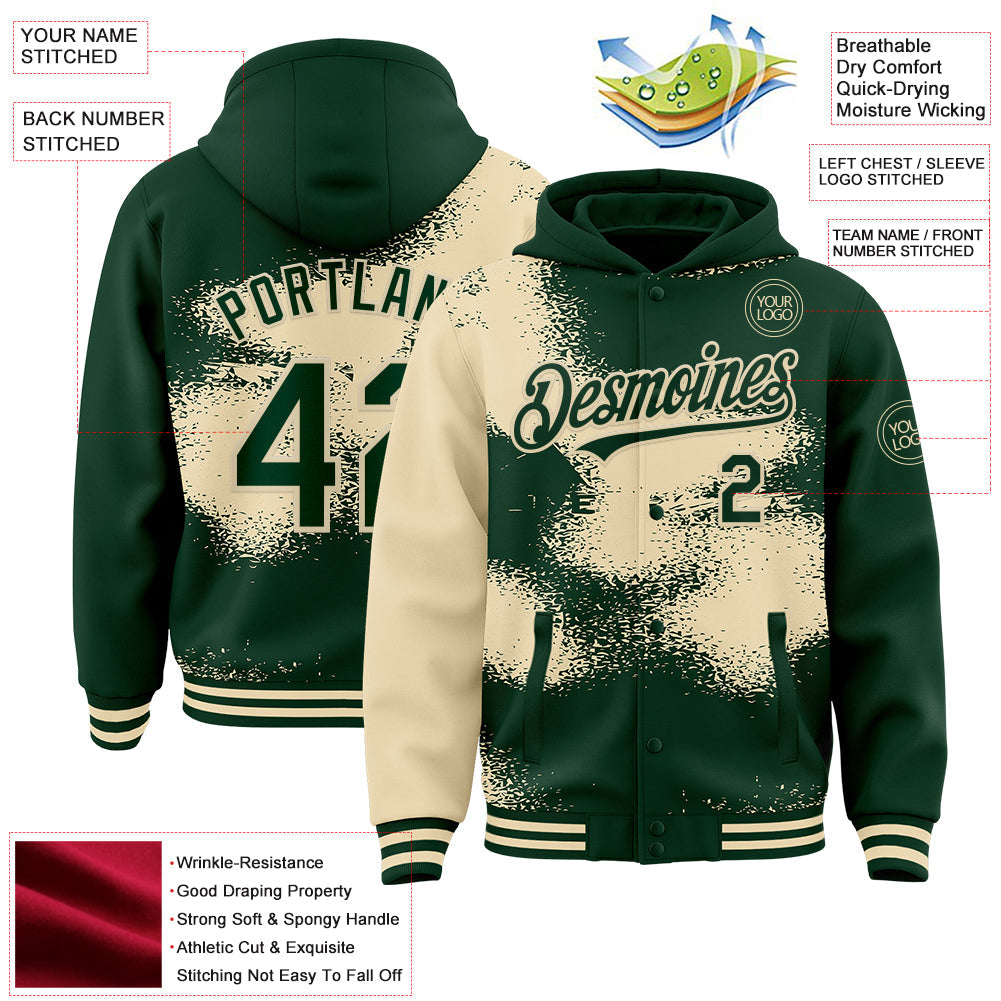 Custom Green Cream Abstract Color Blocks Fragment Pattern Bomber Full-Snap Varsity Letterman Hoodie Jacket view 4