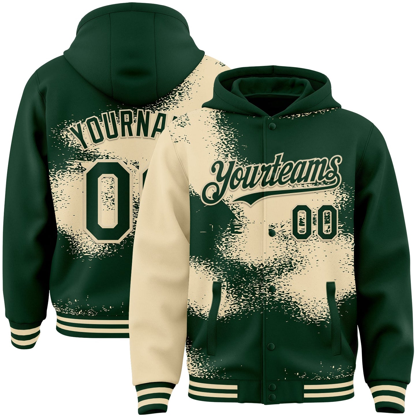 Custom Green Cream Abstract Color Blocks Fragment Pattern Bomber Full-Snap Varsity Letterman Hoodie Jacket - Main View