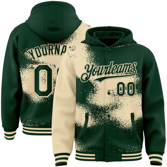 Custom Green Cream Abstract Color Blocks Fragment Pattern Bomber Full-Snap Varsity Letterman Hoodie Jacket - Main View
